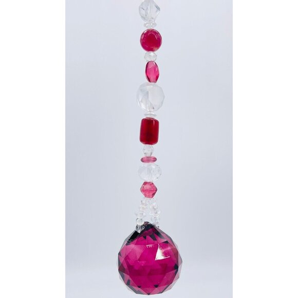 Beaded Suncatcher Clear & Maroon Crystal Prism Hanging Patio Decor Yard Art - Picture 3 of 9
